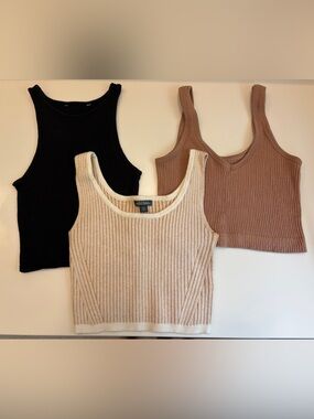 Set of 3 Ribbed Crop Tanks Essential Neutrals of Beige, Black & Tan  XS A+Cond.